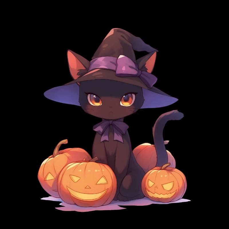 Chat mignon d’Halloween avec chapeau de sorcière et citrouille