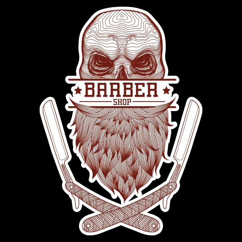 A skull with a beard, framed by razor blades.