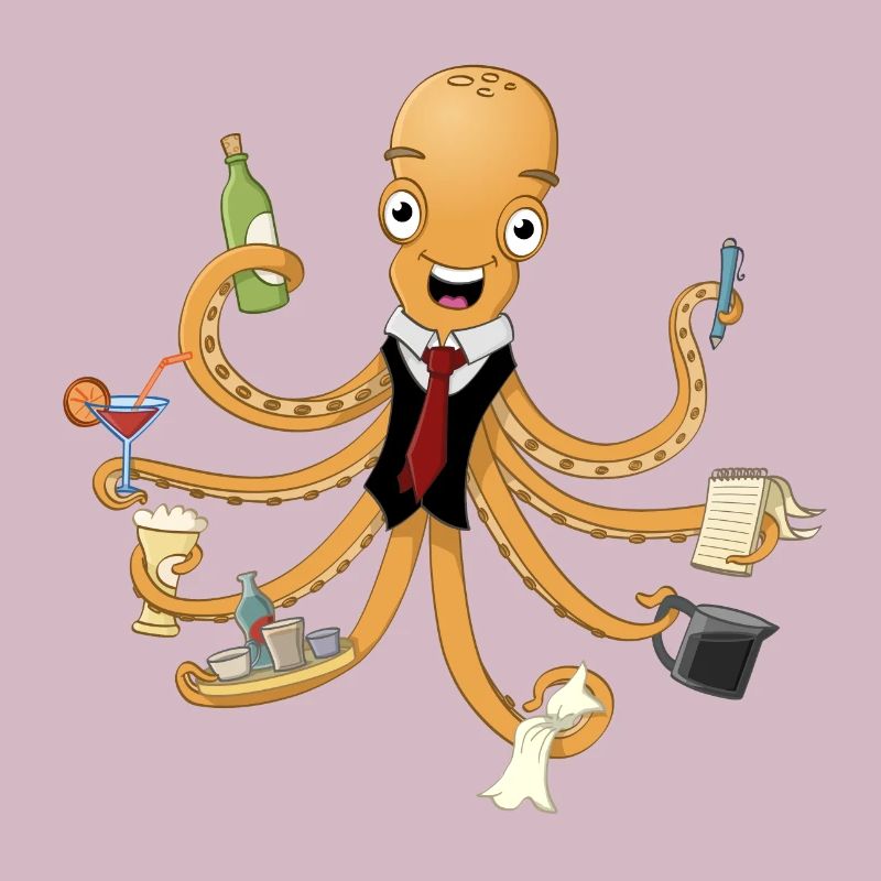 Der fröhliche Oktopus-Kellner.