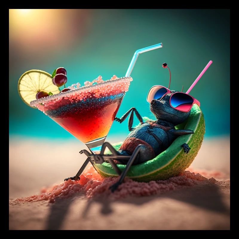 Chillige Fliege am Strand mit Cocktail