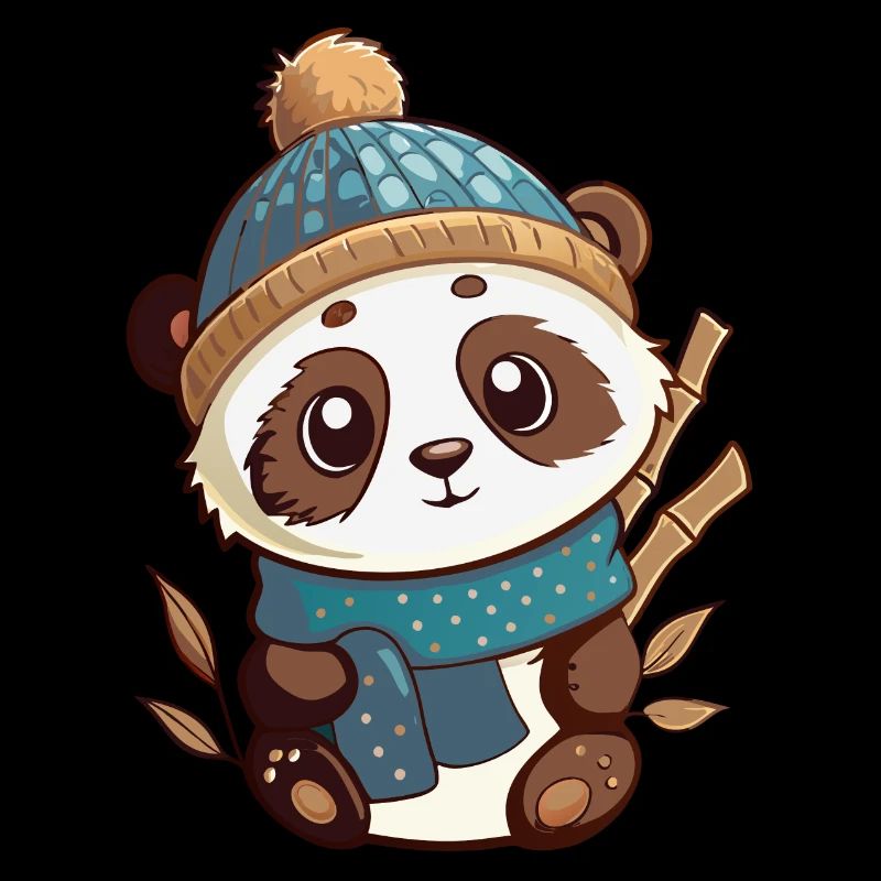 Panda mignon avec écharpe et chapeau à pompon.