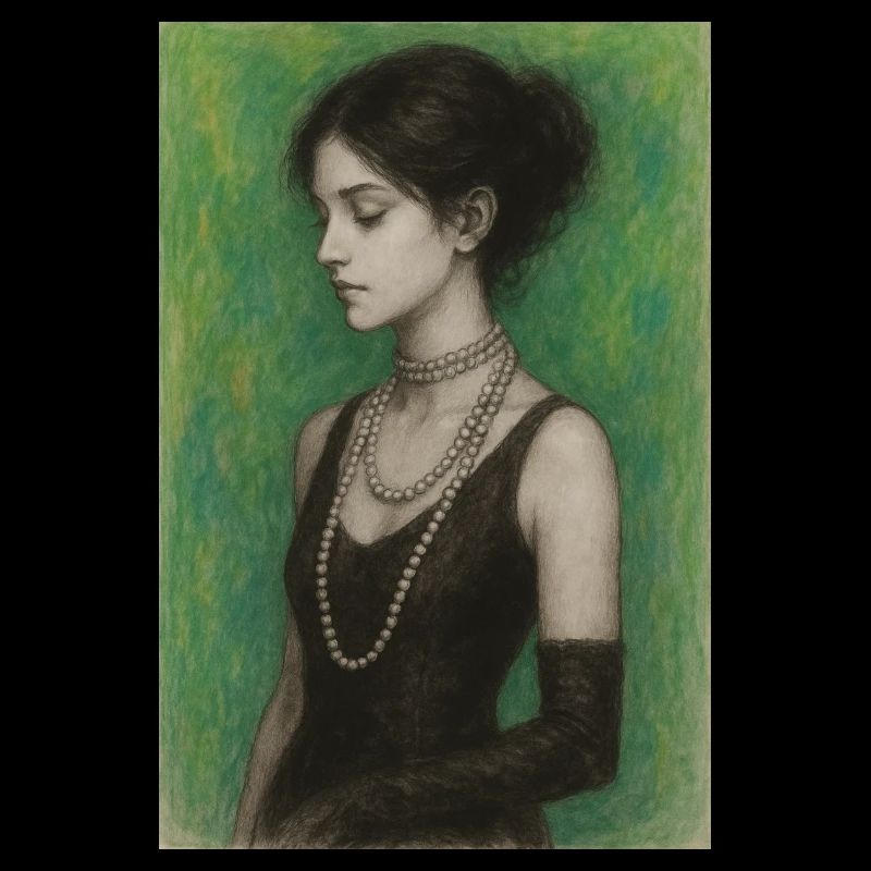femme collier perles vert élégante omikly pop art