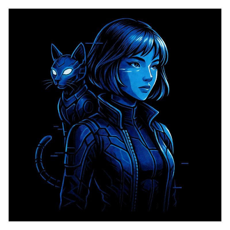 Neonjägerin mit Katzenbegleiter