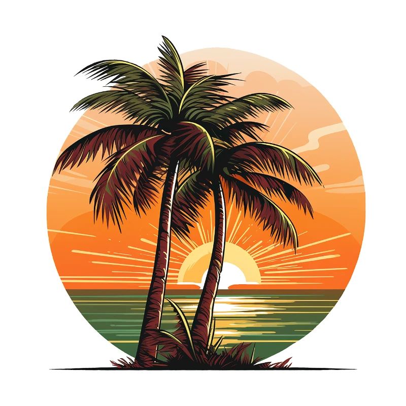 Cocotiers sur la plage devant un coucher de soleil