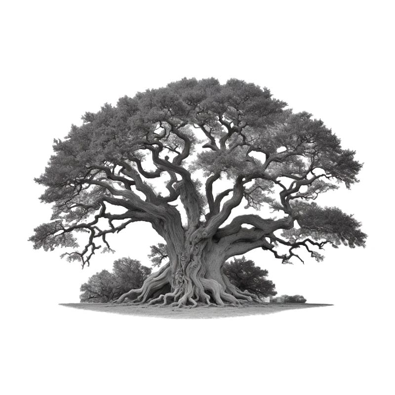 Old tree oak with roots and many branches