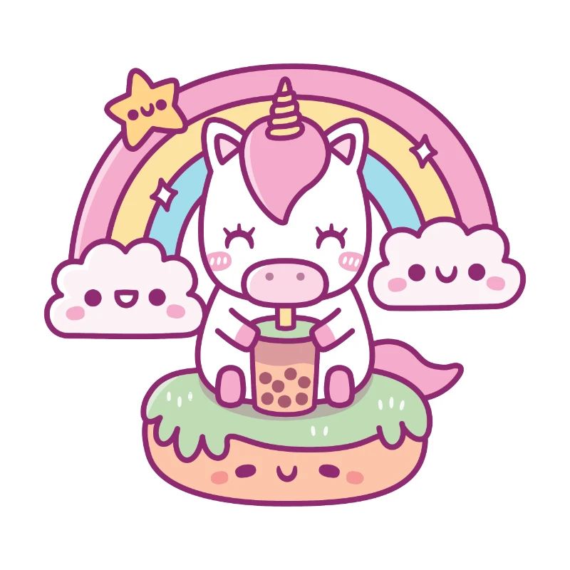 Süßes Einhorn trinkt Boba-Tee, Regenbogen und Wolken
