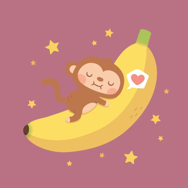 Cute Little Monkey Hugging Banana Moon