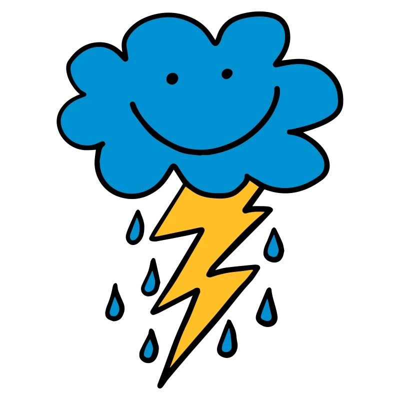 Funny cloud with flash, raindrops, comic, emoji