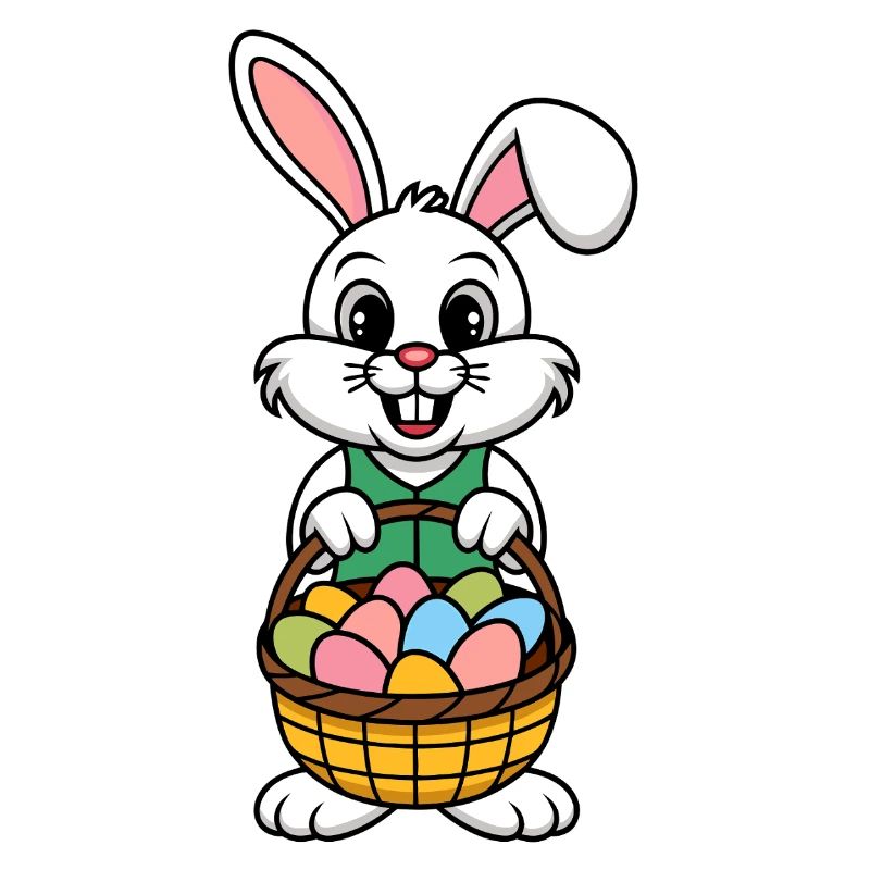 Funny Easter bunny with lots of colorful Easter eggs