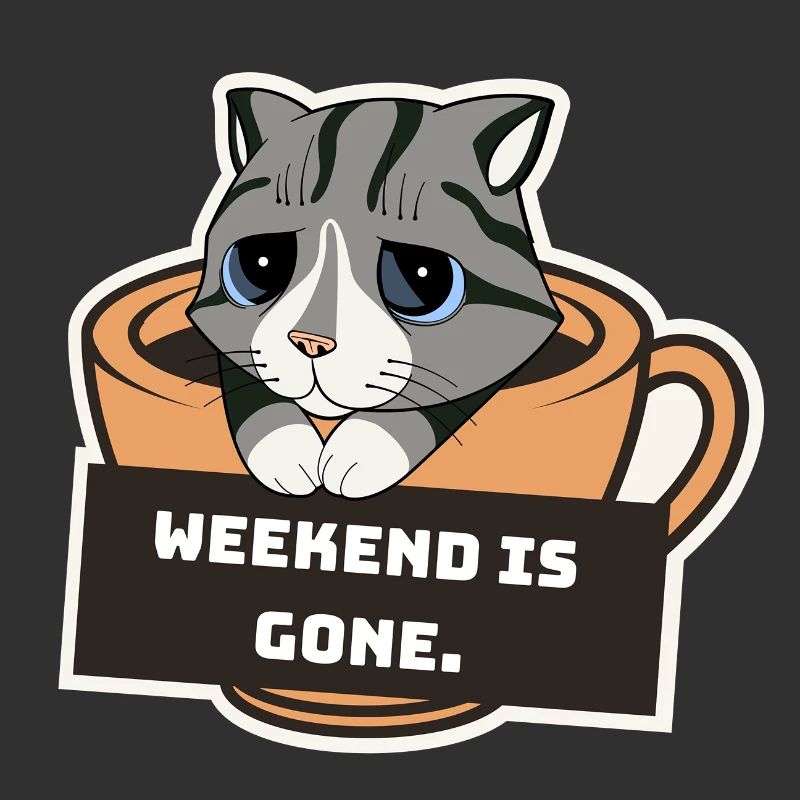 Sad Kitten with Coffee Cup and Weekend Sign
