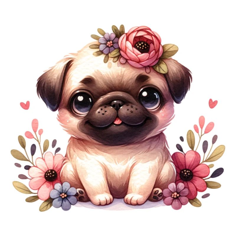 Süßer Mops Hunde Welpe mit Blumen