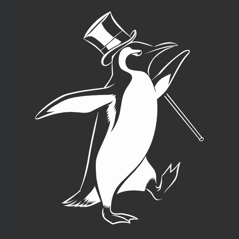 Pingouin élégant avec chapeau haut de forme et bâton de marche