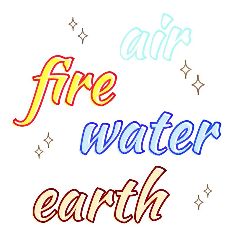 Elemente Feuer Wasser Luft Erde, bunte Buchstaben