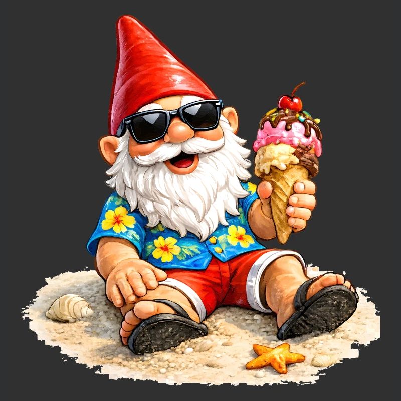 Gartenzwerg am Strand mit Eis in der Hand  