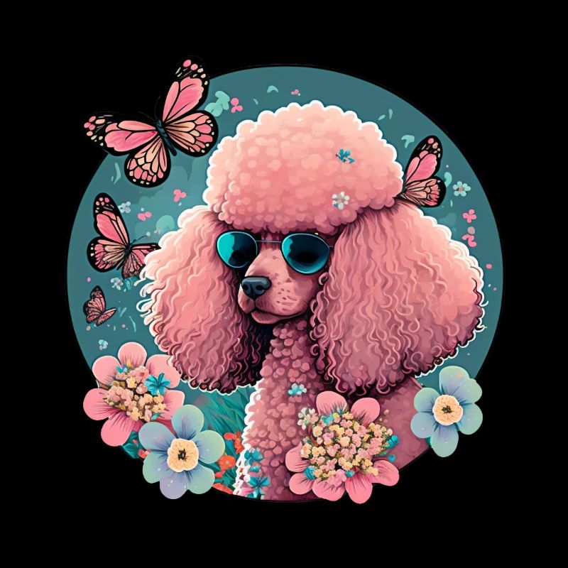 Caniche rose avec fleurs, papillons, style rétro