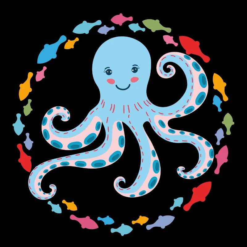 Cheerful octopus with small colorful fish
