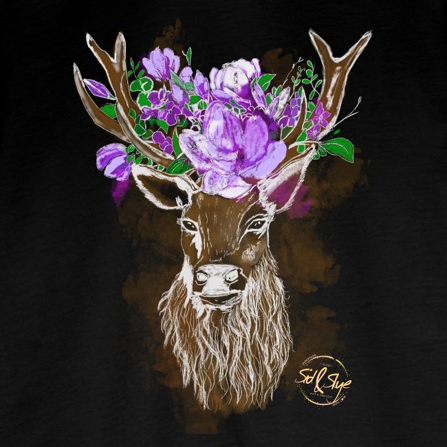 Wunderschöner Hirsch mit Blumenkrone im Geweih