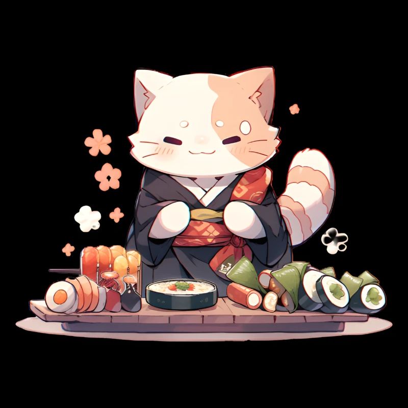 Chat samouraï mange des sushis