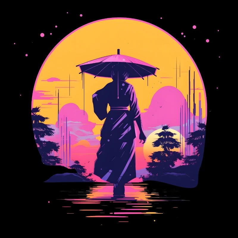 Synthwave Japan traditional woman with umbrella