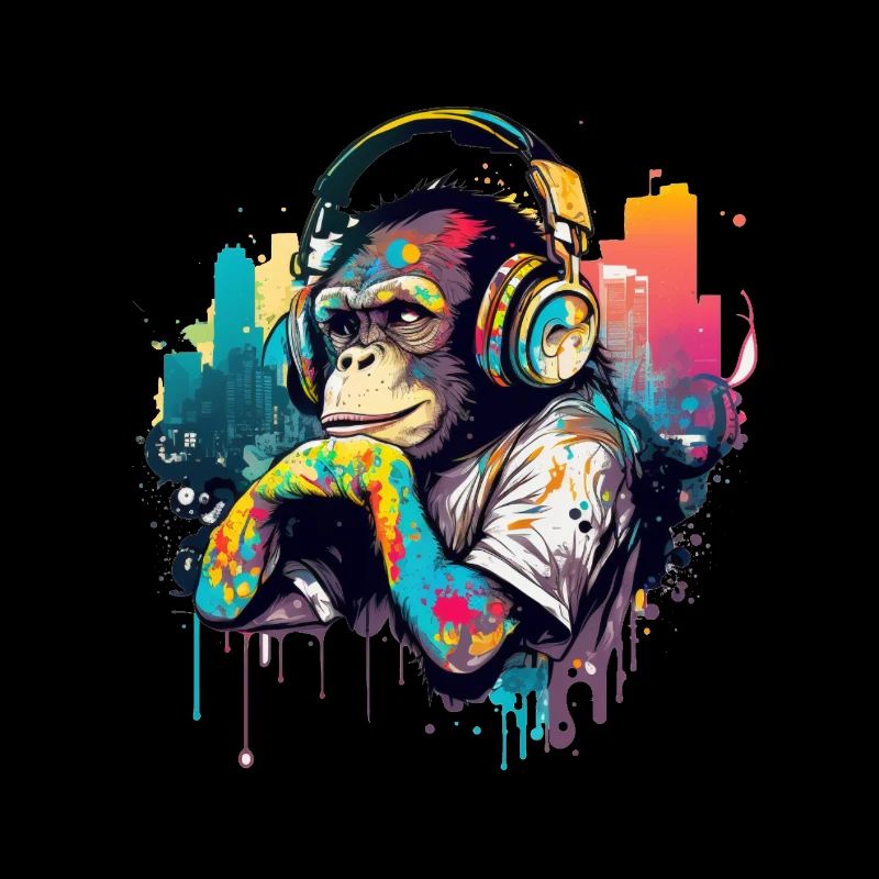 Chimpanzee with headphones colored monkey DJ