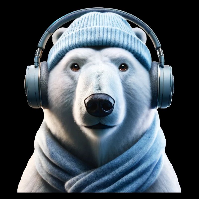 Eisbär mit Kopfhörer und Schal