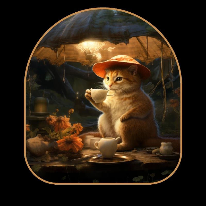 Cottagecore Tea Time Katze schlürft Kräutertee unter