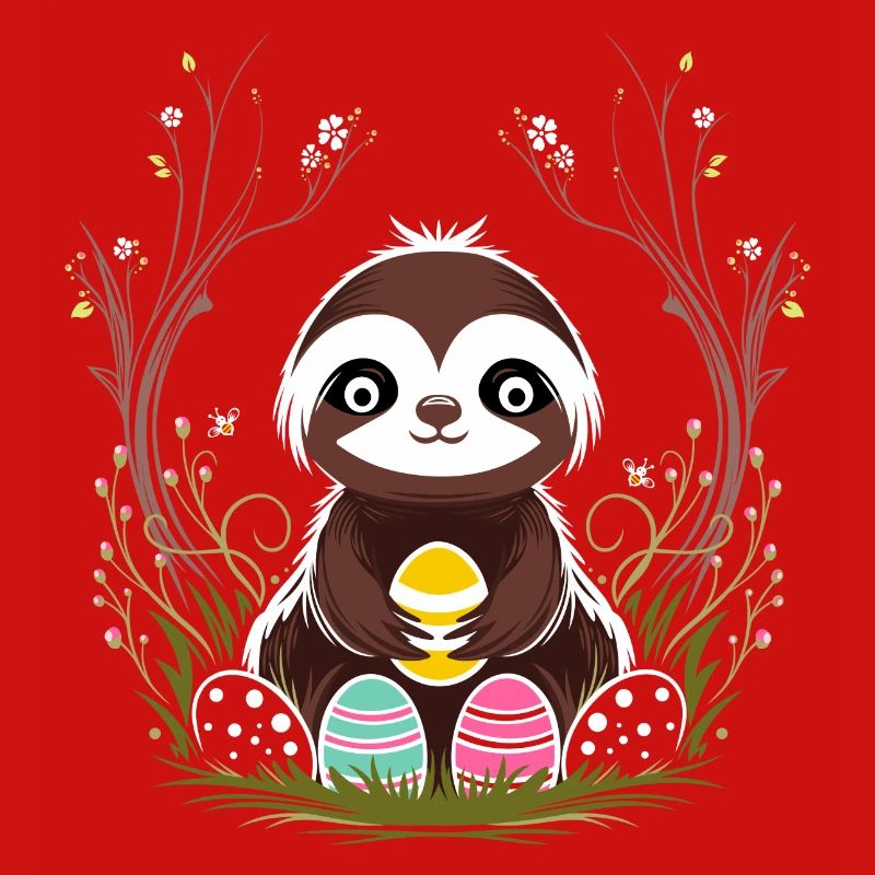 Easter Sloth with Easter Eggs in Spring