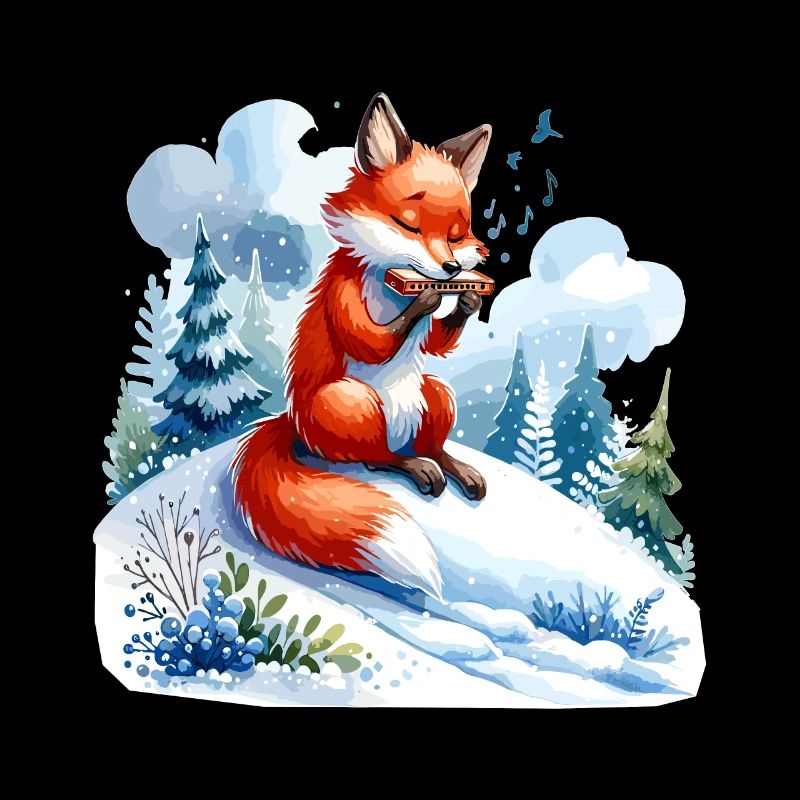 Fox playing harmonica on snow hill