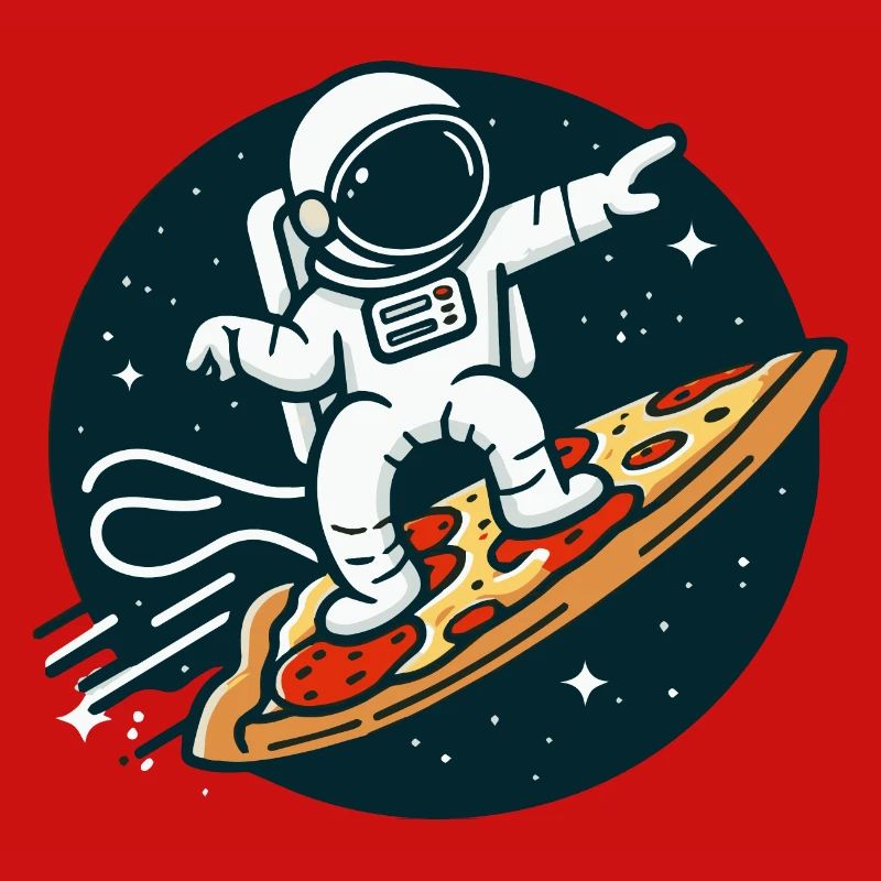 Astronaute surfant dans l’espace sur une part de pizza