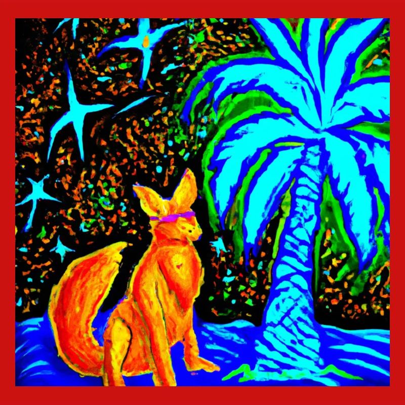 Neon Fox at a starry night with palm tree