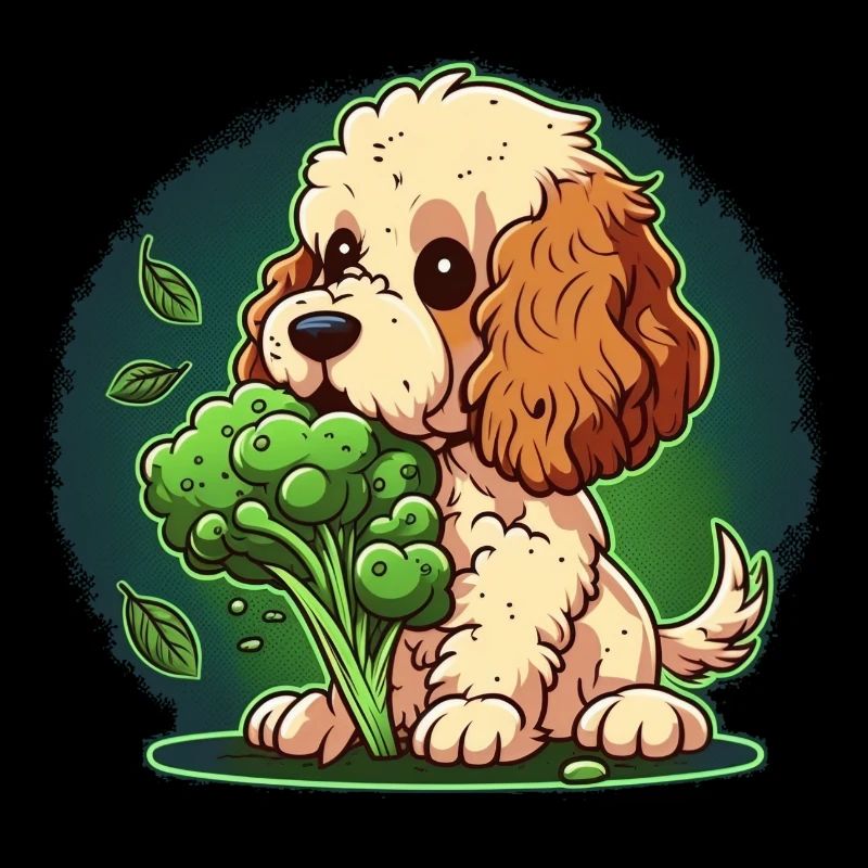 Cute dog eats green broccoli green vegetables