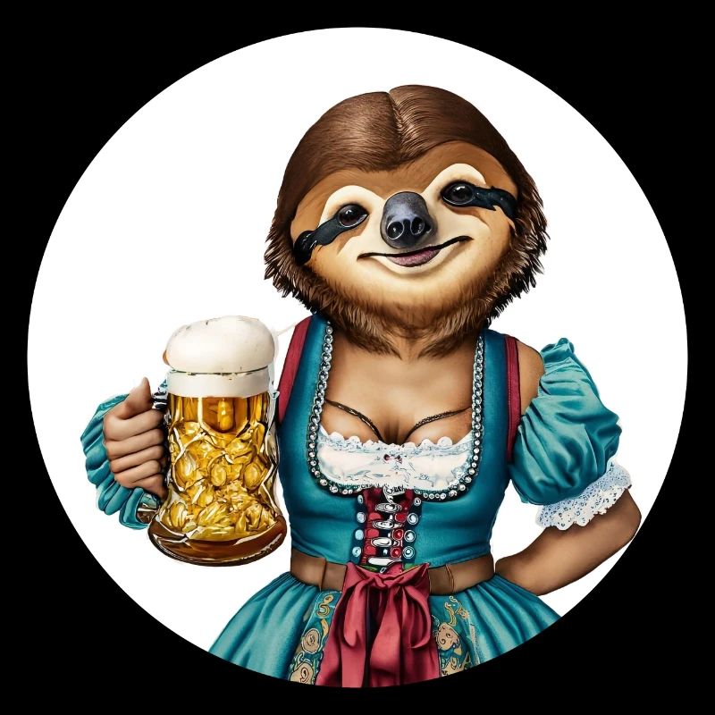 Faultier im Dirndl mit Bierglas