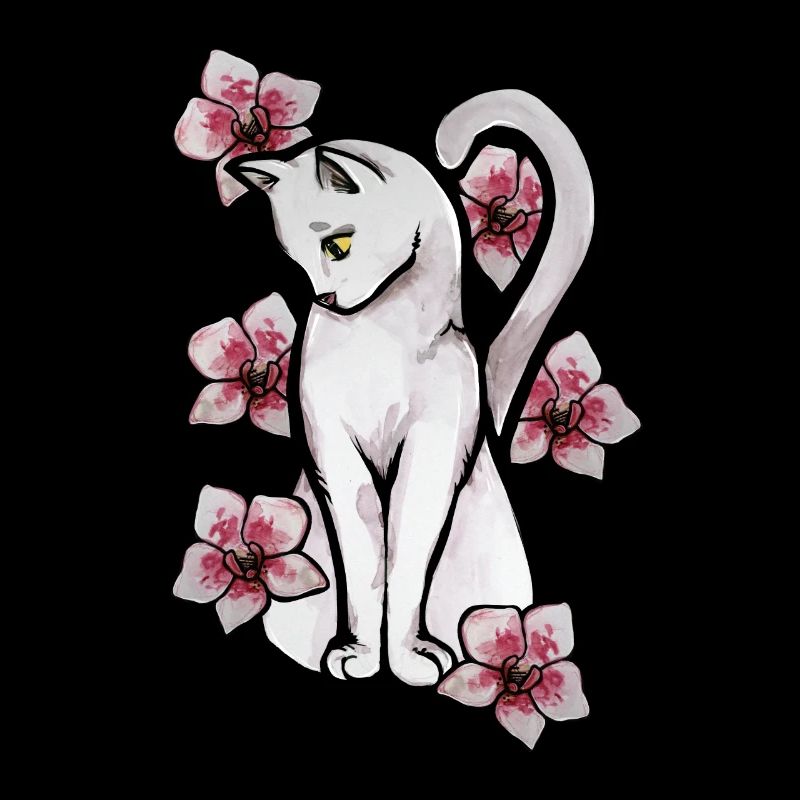 Orchidées Roses Chat Blanc