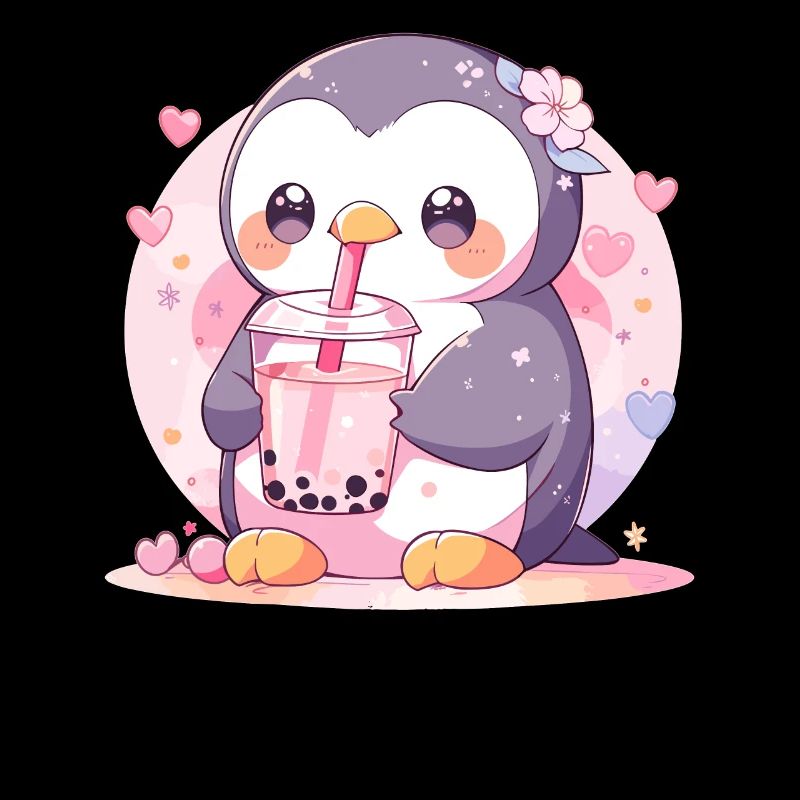 Kawaii Penguin Drinks Boba Bubble Tea Chibi