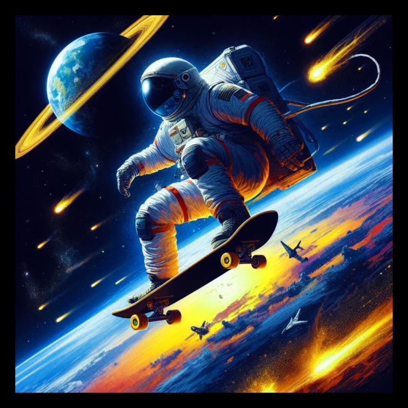 Astronaute faisant du skateboard dans l’espace