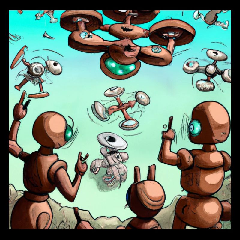 Robots surrounded by drones