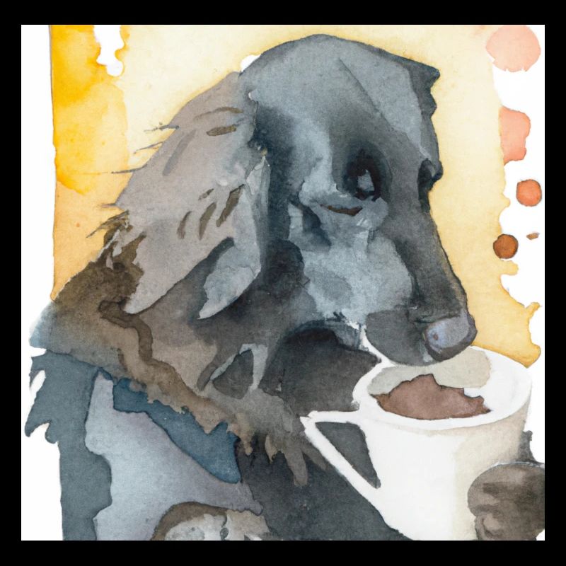 Flat coated retriever drinking coffee