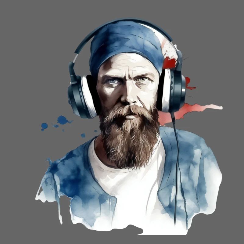 a man with a beard a cloth hat and modern headphon