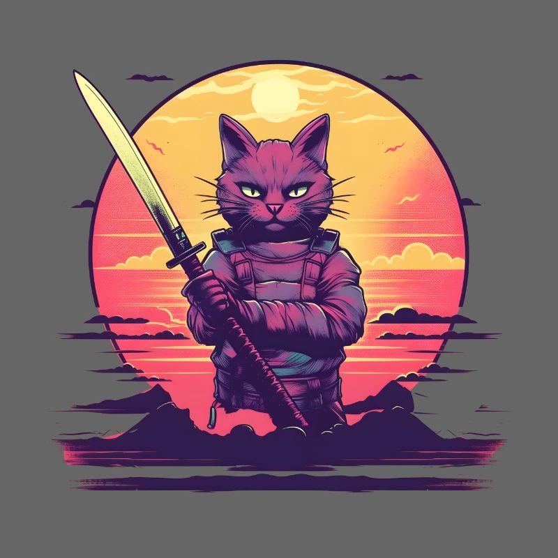 Synthwave samurai Cat sunset