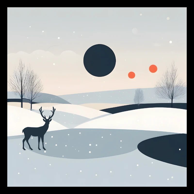 Grey winter landscape with fields, trees and deer