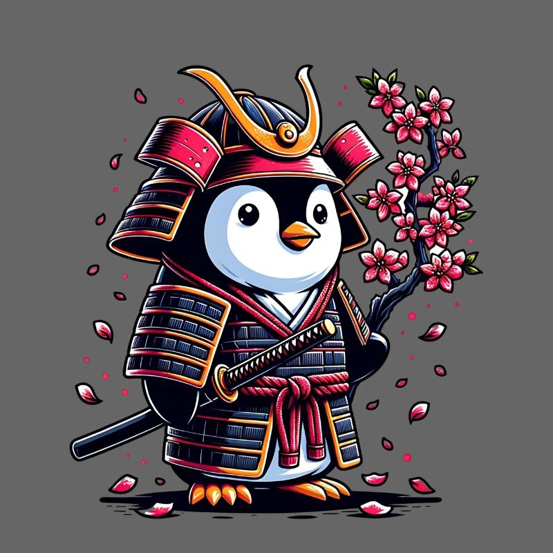 Samurai Penguin with Cherry Blossoms