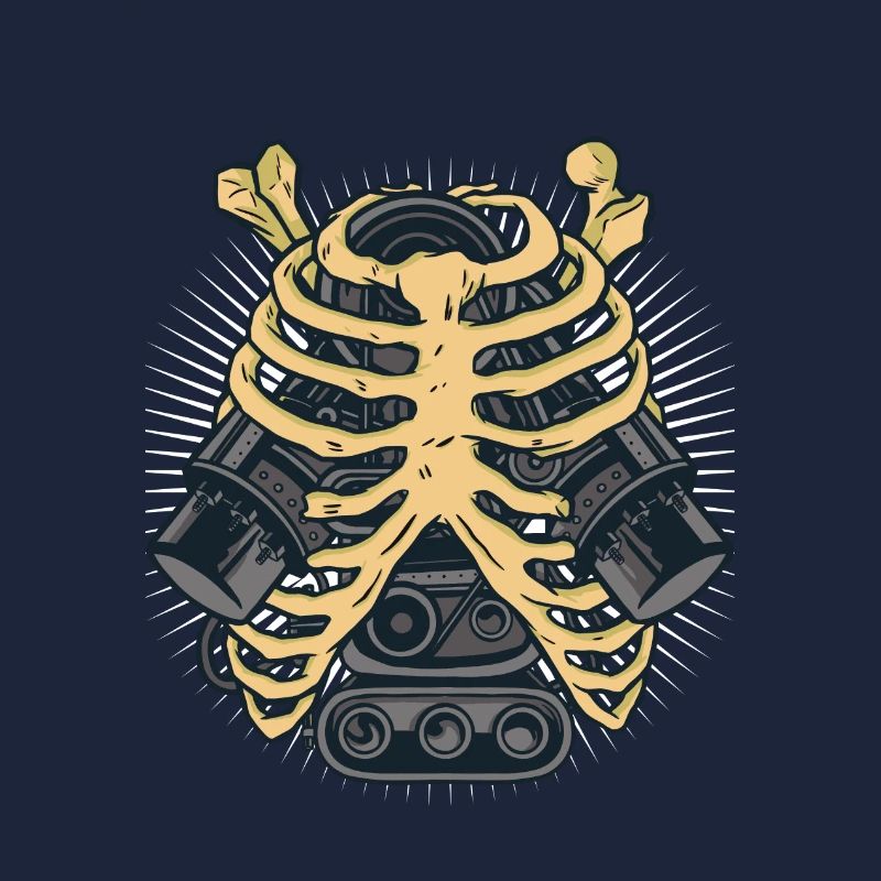 Skeleton with car engine