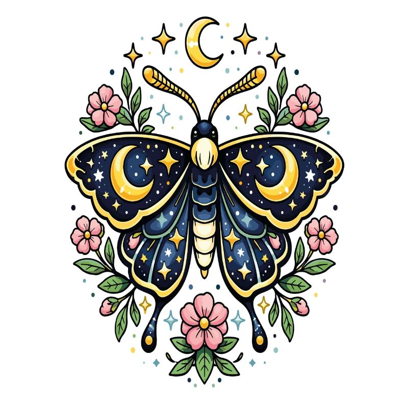 Papillon céleste lune fleurs étoiles
