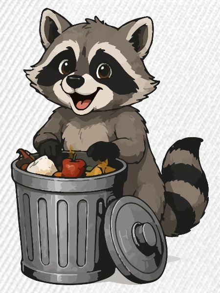 Waschbär mit Obst in Mülltonne