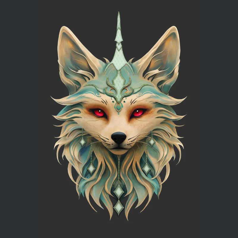 Mystical fox with piercing red eyes.