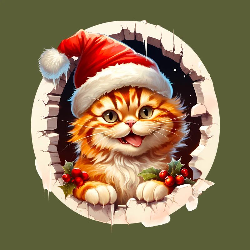 Chat de Noël sortant d’un trou