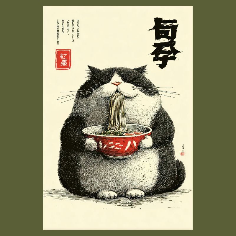 Neko Noodle Feast in Ukiyo-e Style