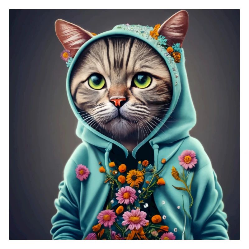 chat avec capuche et fleurs