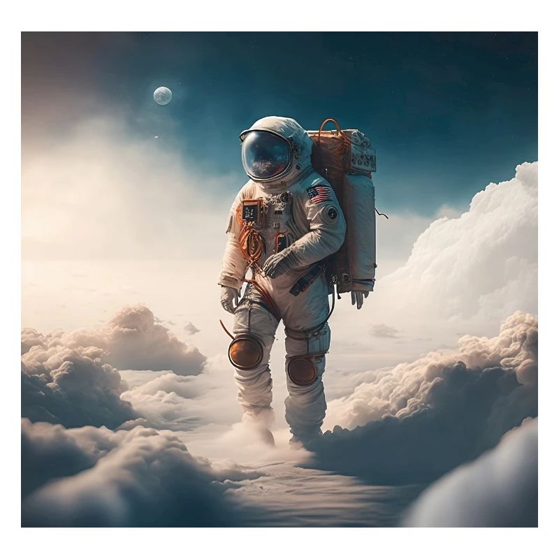 An astronaut walking on clouds