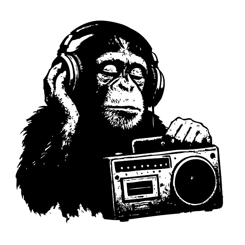Singe avec magnétophone à cassette
